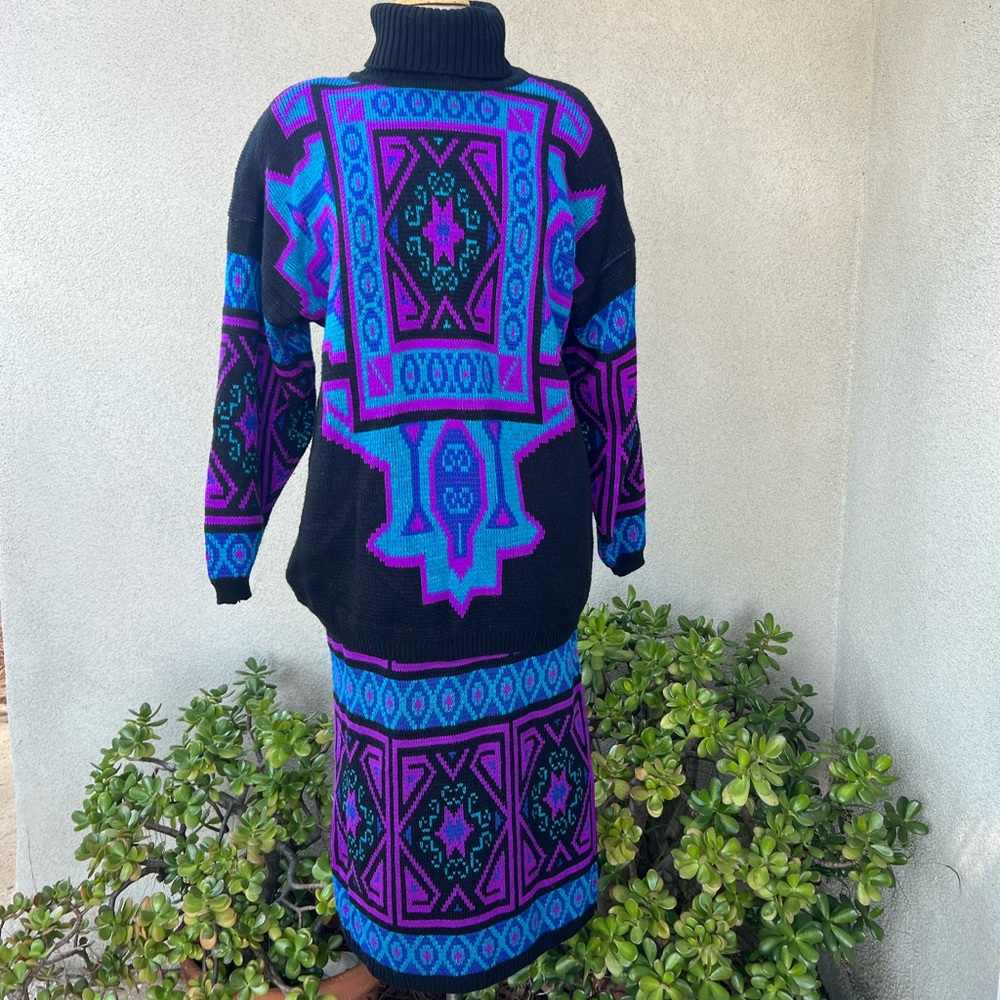 Vintage New Wave Acrylic pullover knit sweater skirt set abstract M/L by Michel